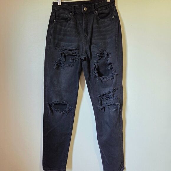 EUC AMERICAN EAGLE OUTFITTERS REAL GOOD DARK WASH DESTROYED MOM JEANS SIZE 2 - Picture 2 of 16